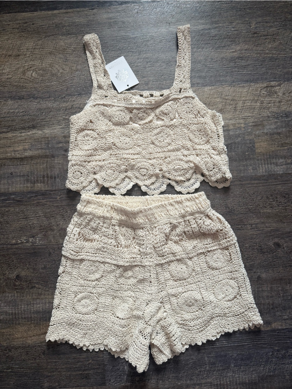 Crochet Two-Piece Set in Cream size S